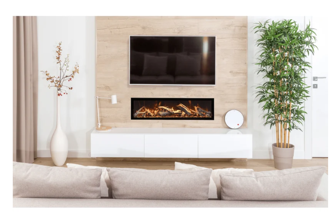 electric fireplace ina beige surround in a living room