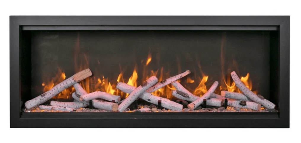 electric fireplace shown with birch wood on white background