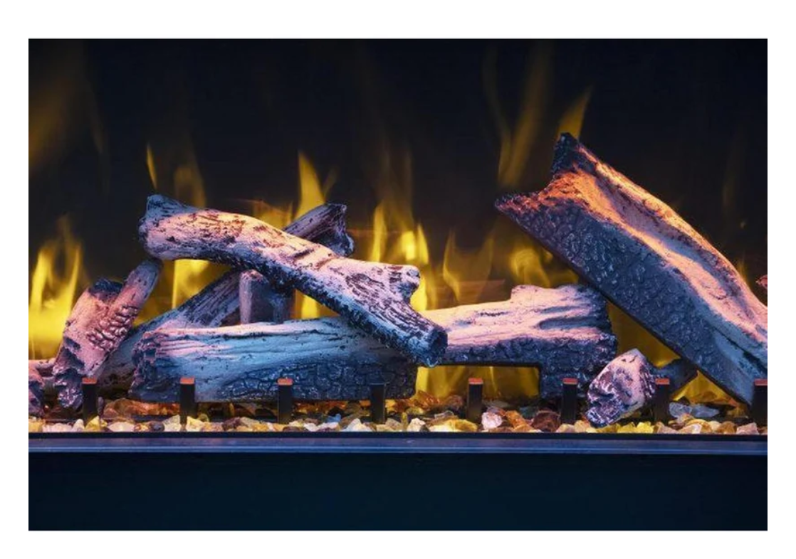 view of outdoor fireplace yellow flames and wood look logs