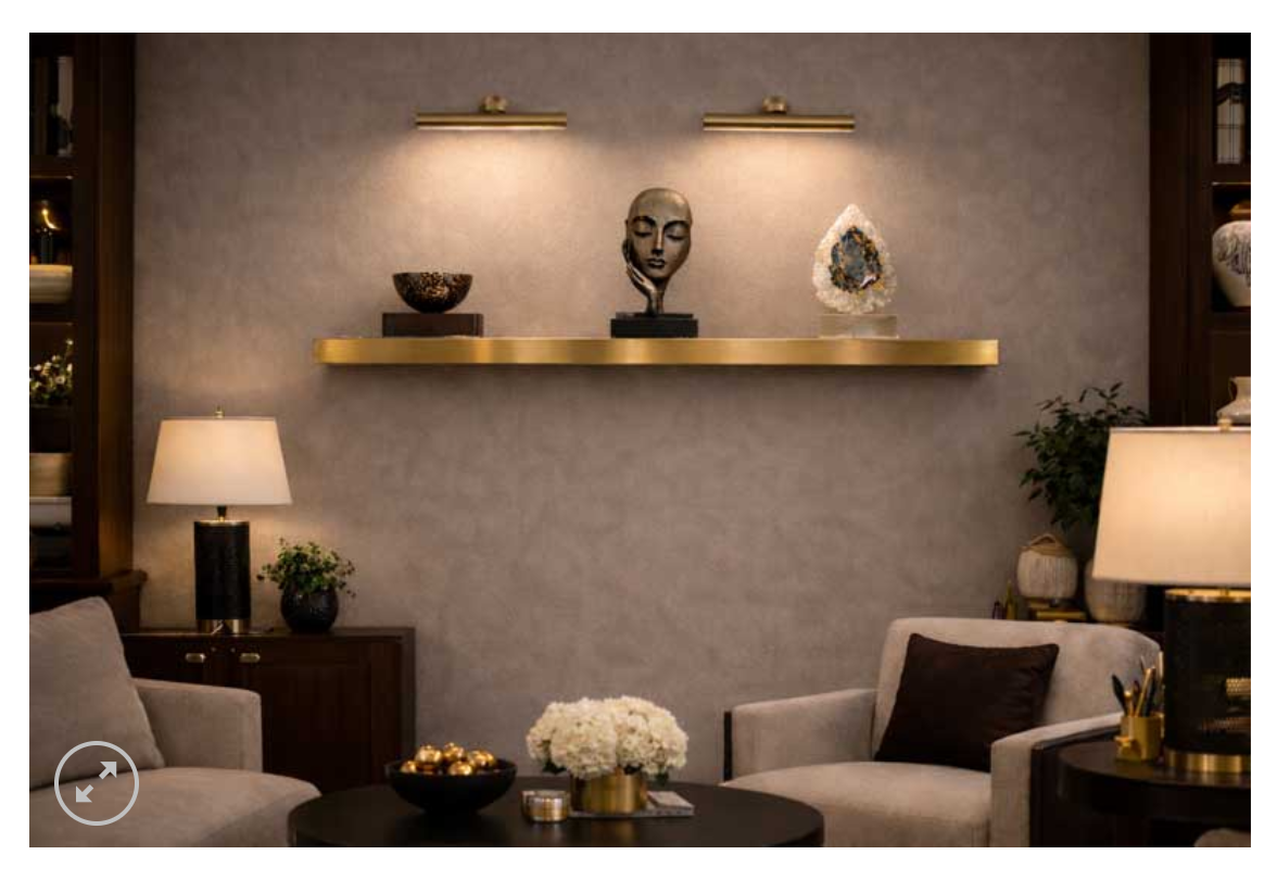 shelf on wall with statue and bowl and frame in a room with chairs lamps and tables