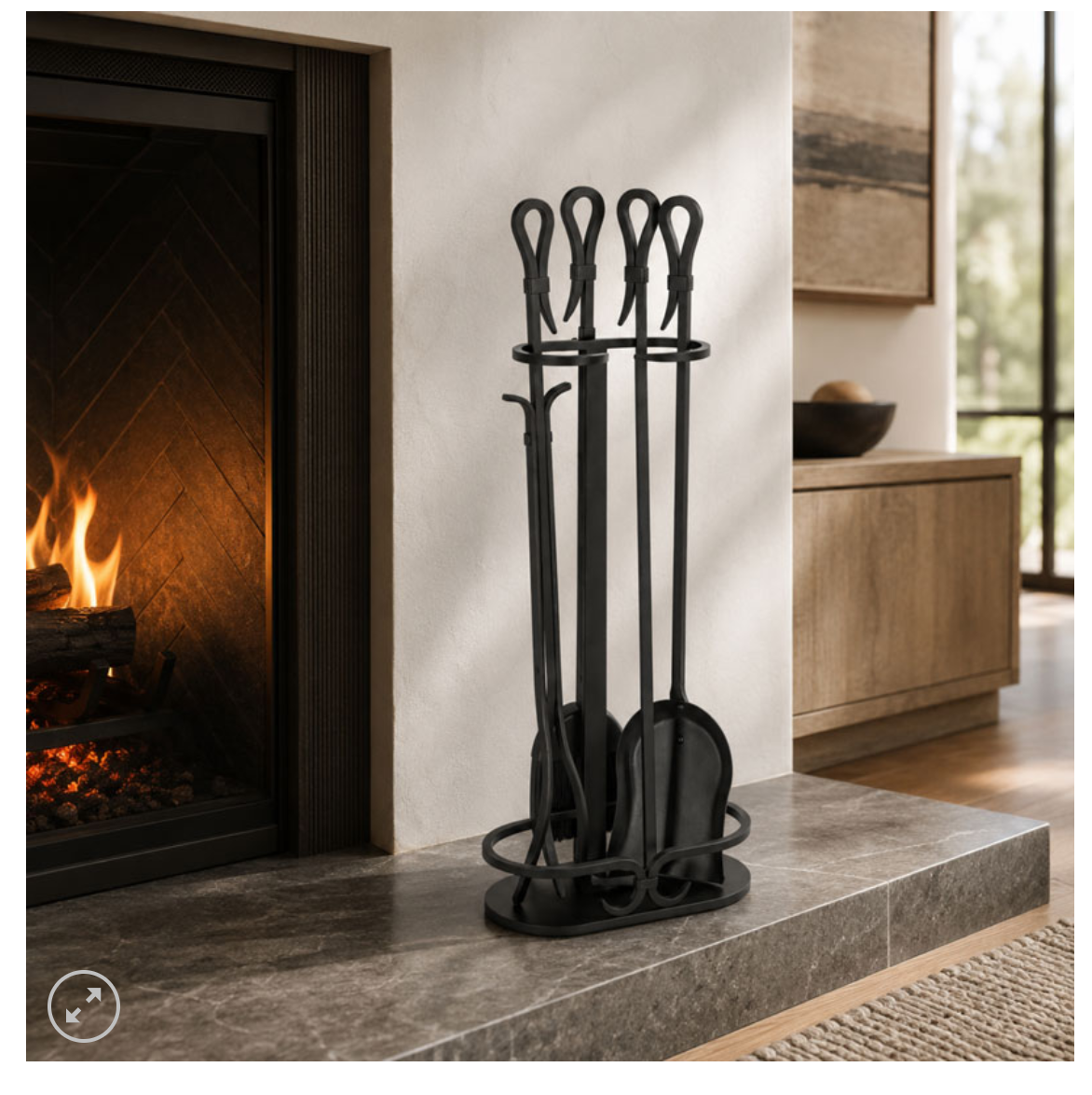 Tool set beside a fire with flames and whitelbackground