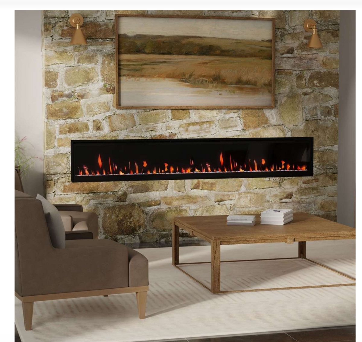 Long linear electric slim fireplace recessed in stone wall in a lving room with a piece of artwork above the fireplace