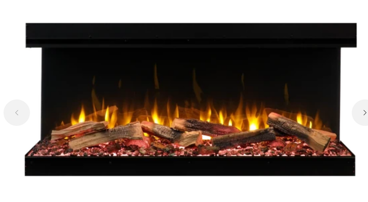 flame. burning in firebox with logs with a white background