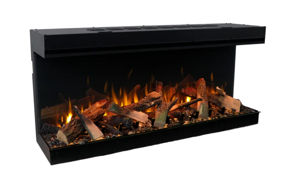 angled image of the electric fireplace with log set and black back in the fireplace on a white background