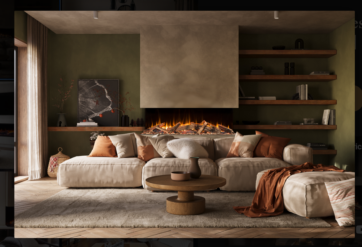 Living room setting with the electric fireplace behind the sofa 