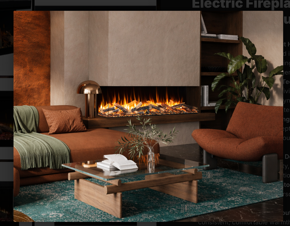 Living room showing electric fireplace wit high flames beside the sofa and chair