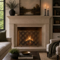A lit fireplace with a decorative metal grate insert, set in a styled living room with a sofa, chair, framed artwork, and candles on the mantel.