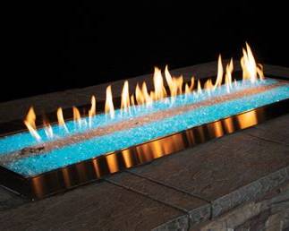 linear gas fire table with blue embers