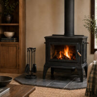 A black cast iron wood-burning stove with a visible fire, set in a cozy room with a fireplace mantel, slate hearth, and wooden shelving in the background.