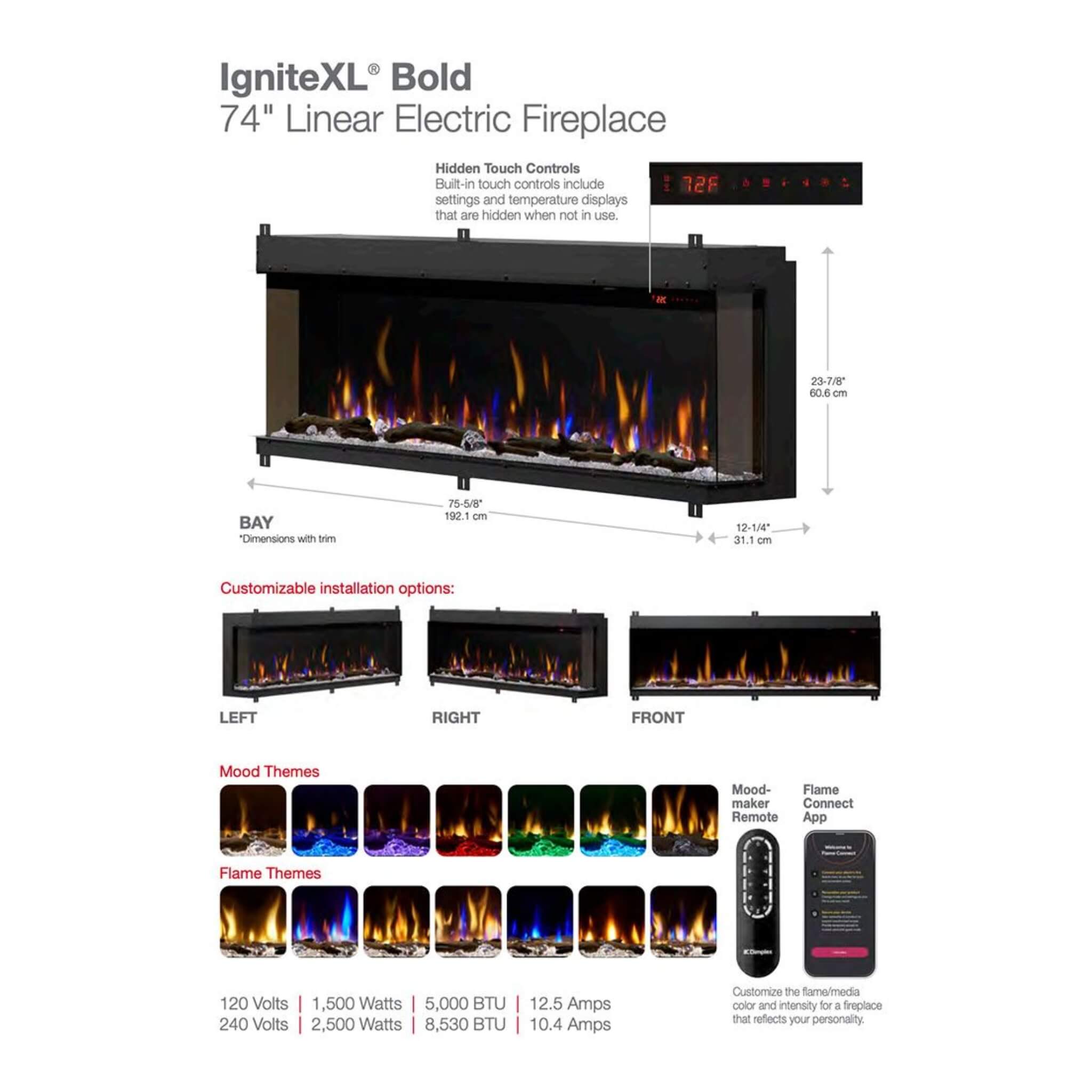 Dimplex IgniteXL Bold 74-Inch Deep Built-In Linear Electric Fireplace