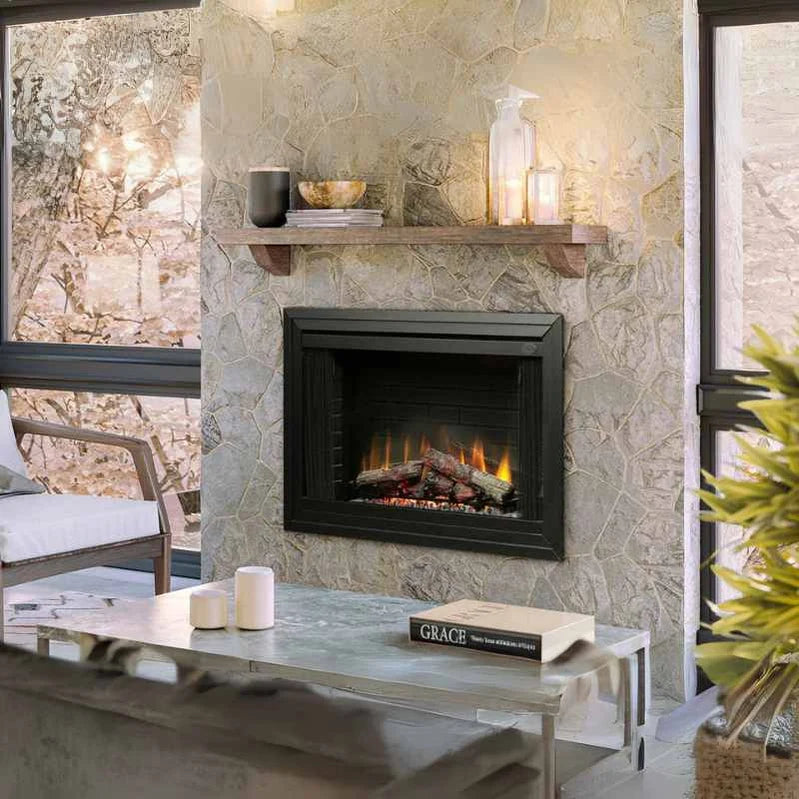 electric firelace built into stone look wall with a shelf above it 