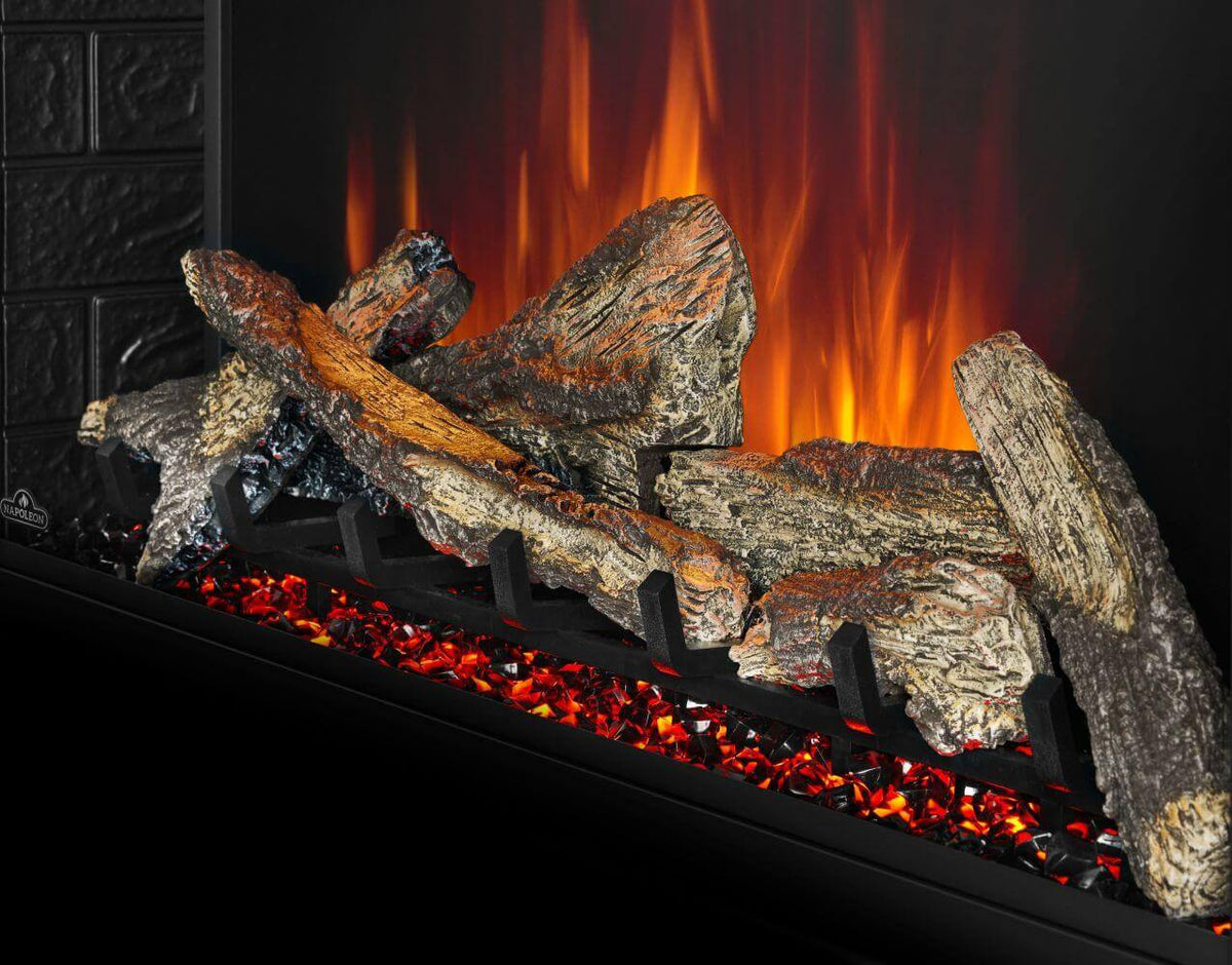 Element 36" with logs and high flame showing ember bed