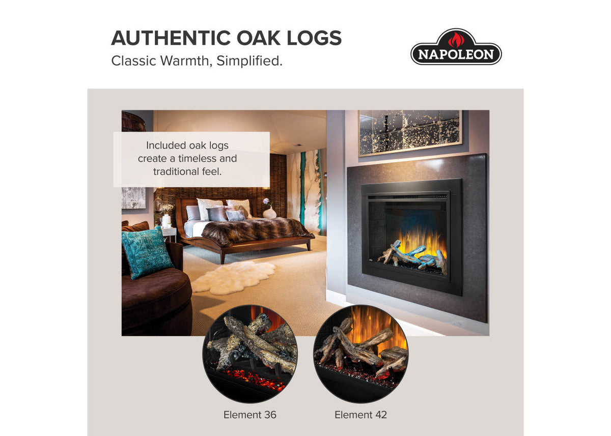 A promotional graphic for Napoleon Authentic Oak Logs, showing a bedroom scene with a fireplace, a close-up of a firebox insert, and two circular close-ups of oak logs with glowing embers. Text reads 'Authentic Oak Logs' and 'Classic Warmth, Simplified.