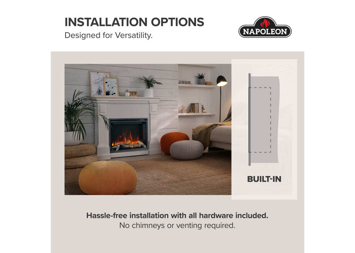 shows fireplace installed in a white surround in a living room