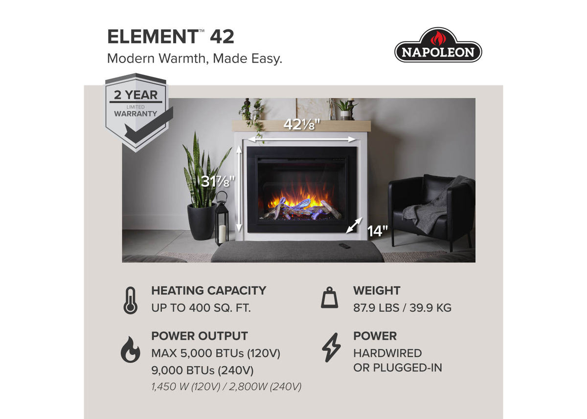 A product information graphic for the Napoleon Element 42 electric fireplace. The top section features the model name 'ELEMENT 42' and the Napoleon logo.