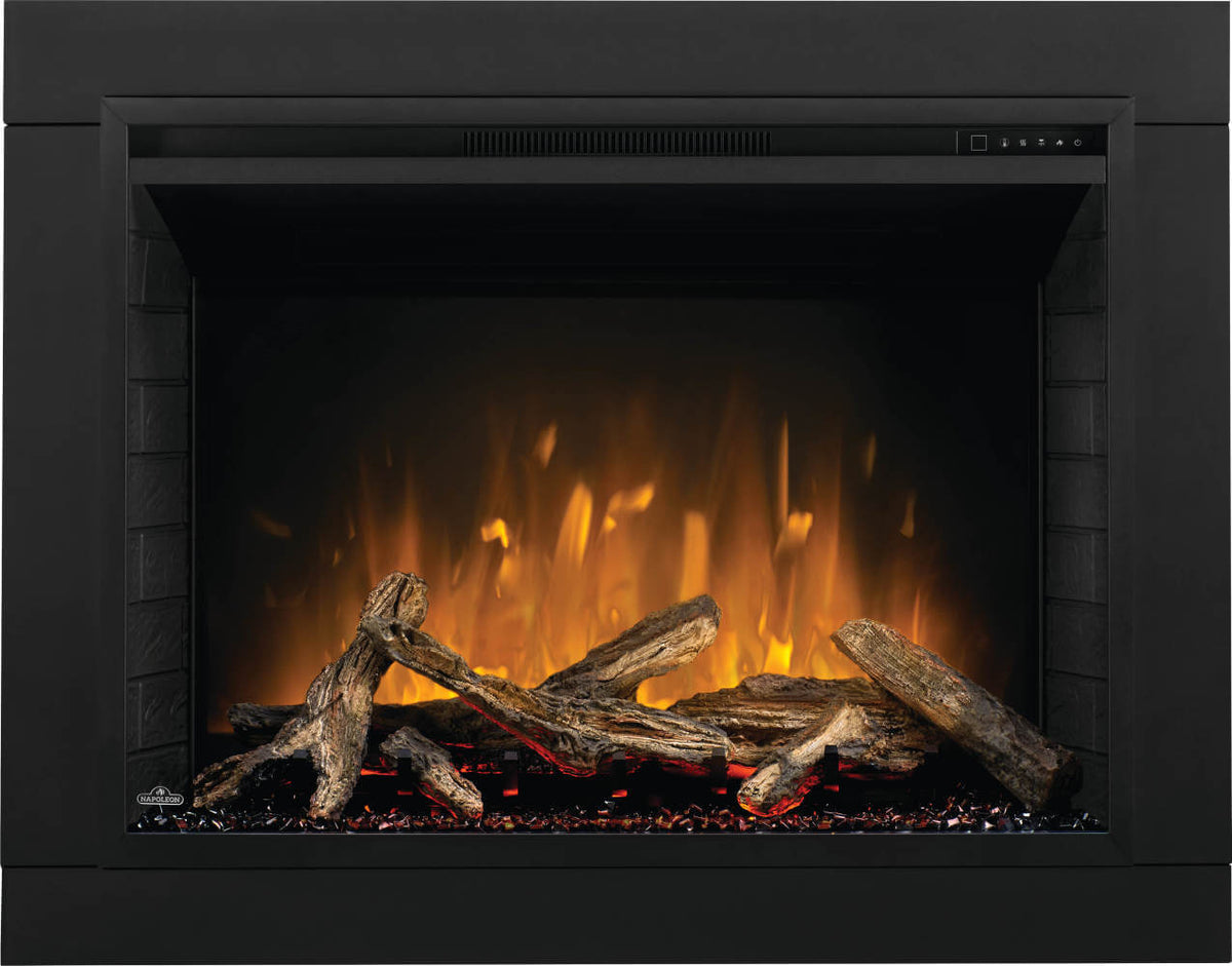 Electric fireplace insert with glowing logs and flames inside a black frame.