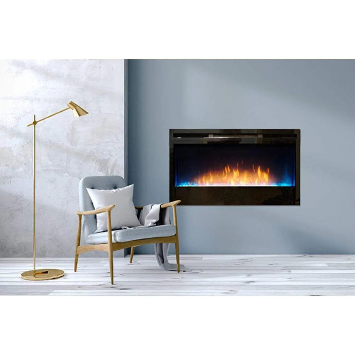 built in fireplace showing flames and a light and a chair in the image against a while background