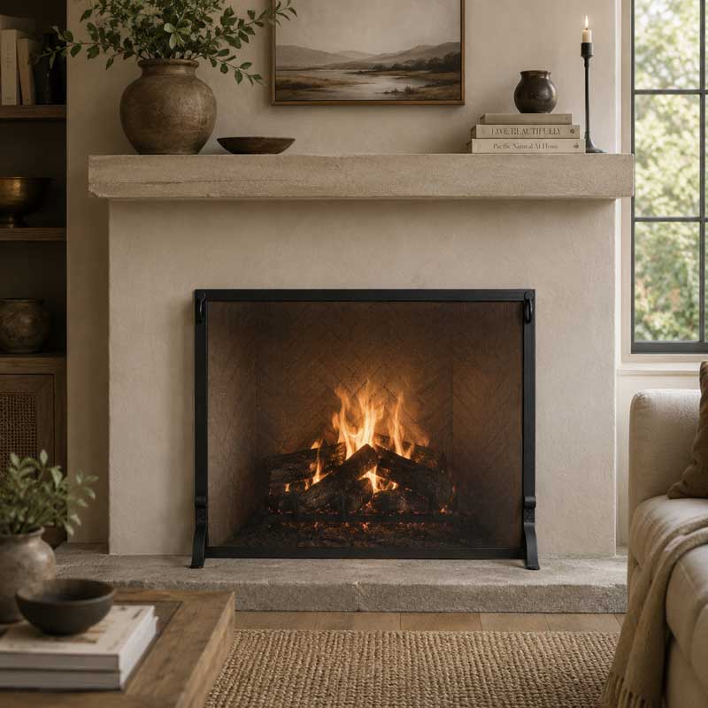 Fireplace screen in front of fireplace
