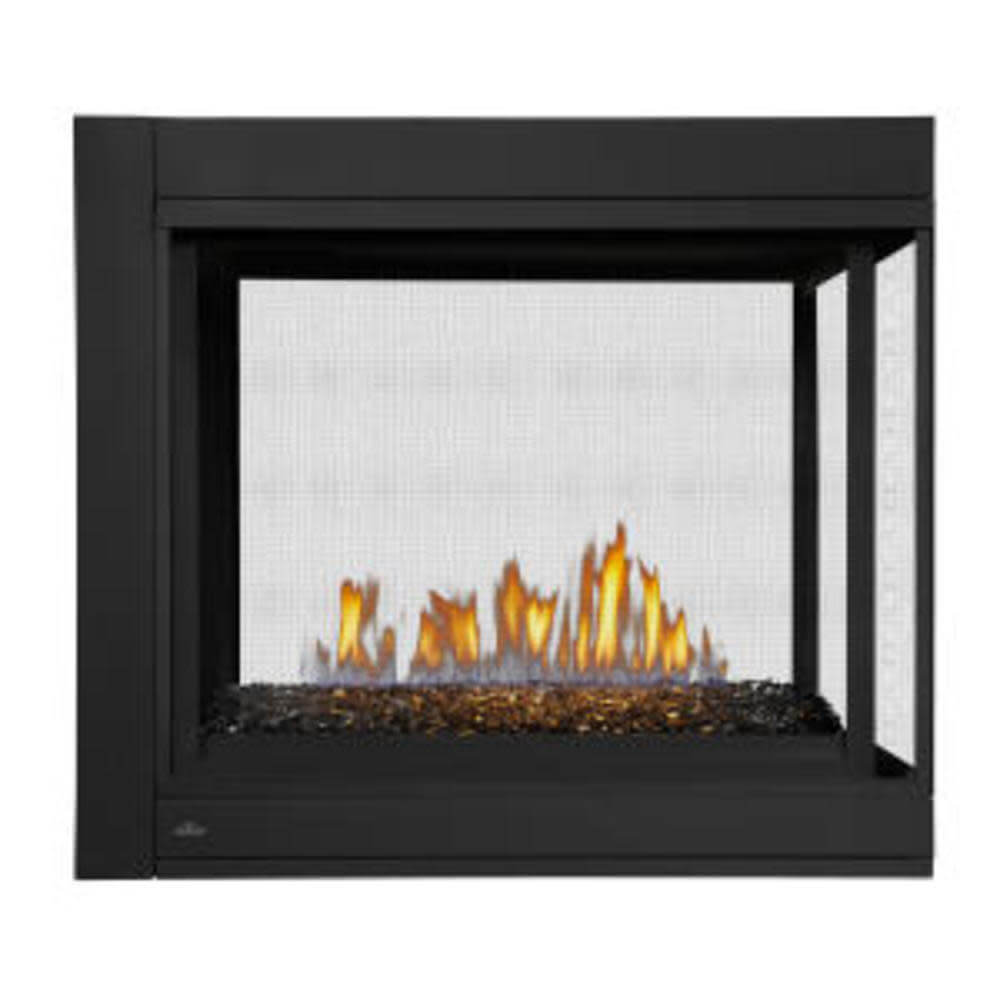 A modern black fireplace insert with a mesh screen and realistic orange and yellow flames over dark decorative stones, shown against a plain white background.