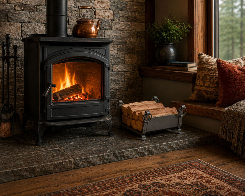 A black wood-burning stove with a roaring fire, set in a rustic stone fireplace room with a wood log holder, a copper kettle, and cozy window-side seating.