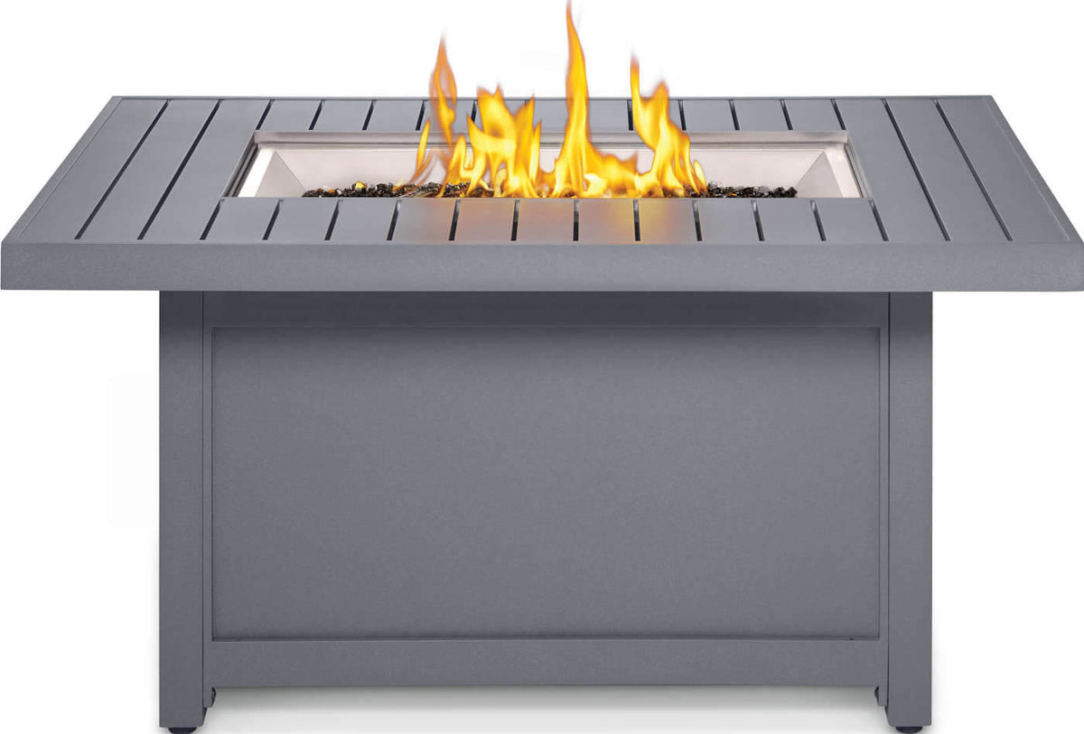 Gray fire pit table with flames on a white background