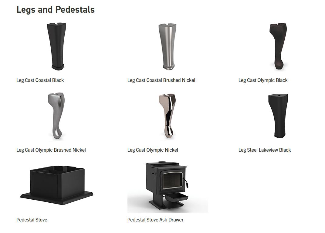 A catalog-style layout showing multiple stove legs and pedestal components labeled by finish and model, including Leg Cast Coastal Black, Leg Cast Coastal Brushed Nickel, Leg Cast Olympic Black, Leg Cast Olympic Brushed Nickel, Leg Steel Lakeview Black, Pedestal Stove, and Pedestal Stove Ash Drawer, on a white background.