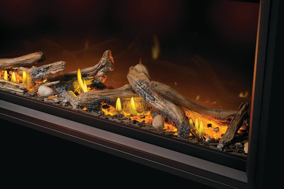 Electric fireplace with glowing logs and flames on a dark background
