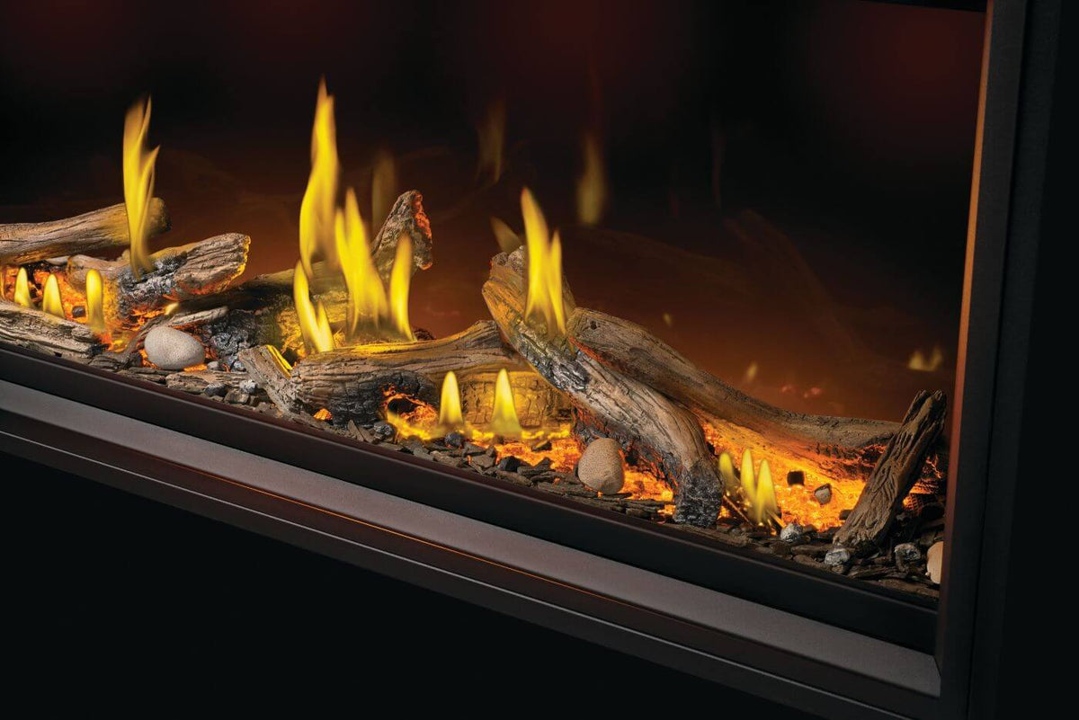 Fireplace with glowing logs and flames on a dark background