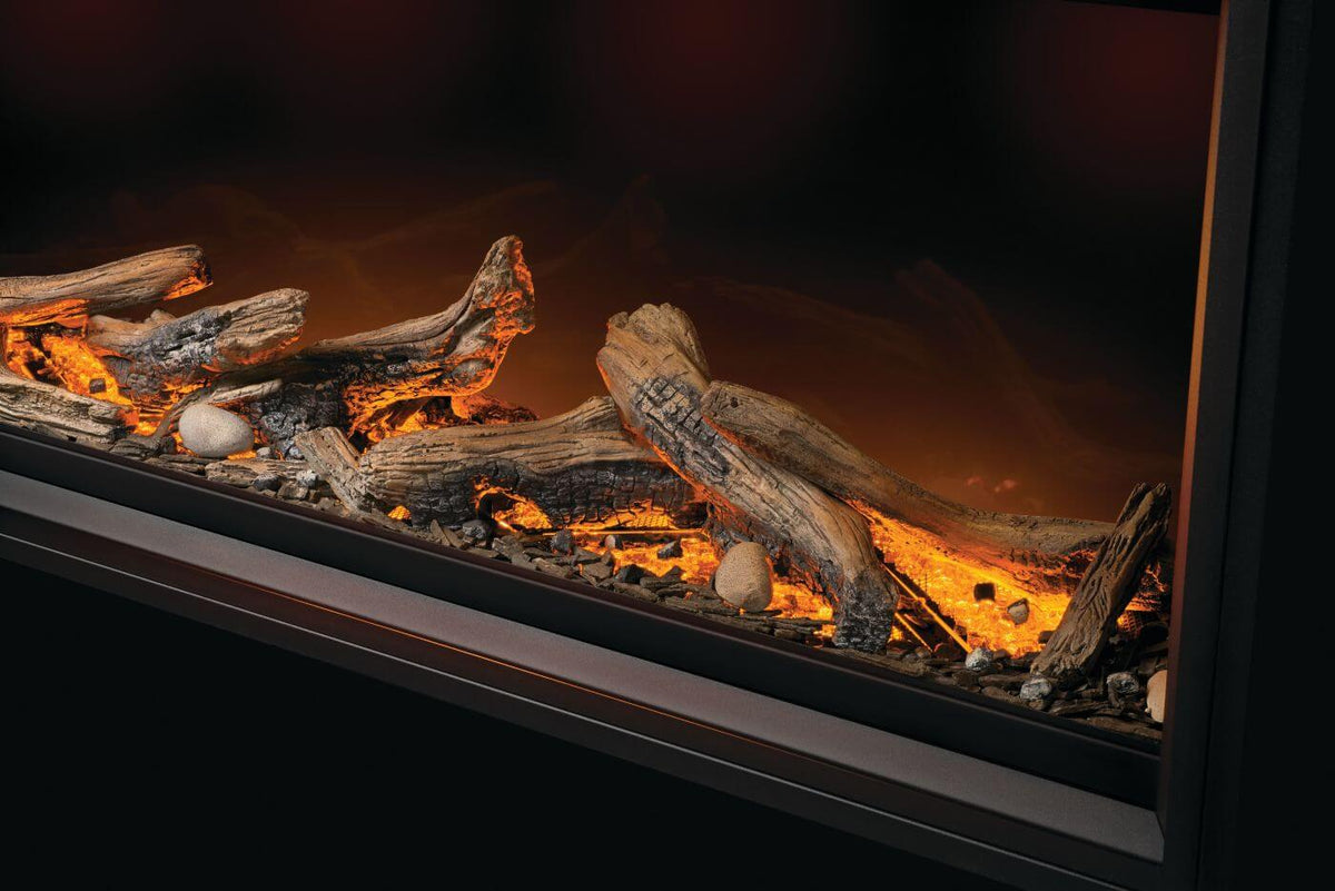 Fireplace with glowing logs and flames inside a dark frame