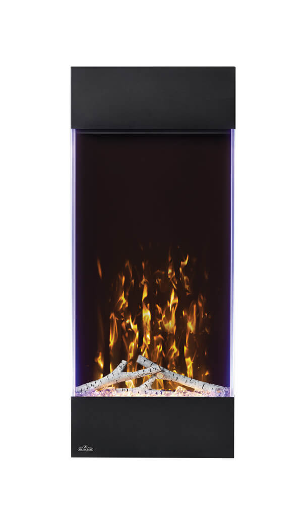 Electric fireplace with glowing flames inside a black frame on a white background