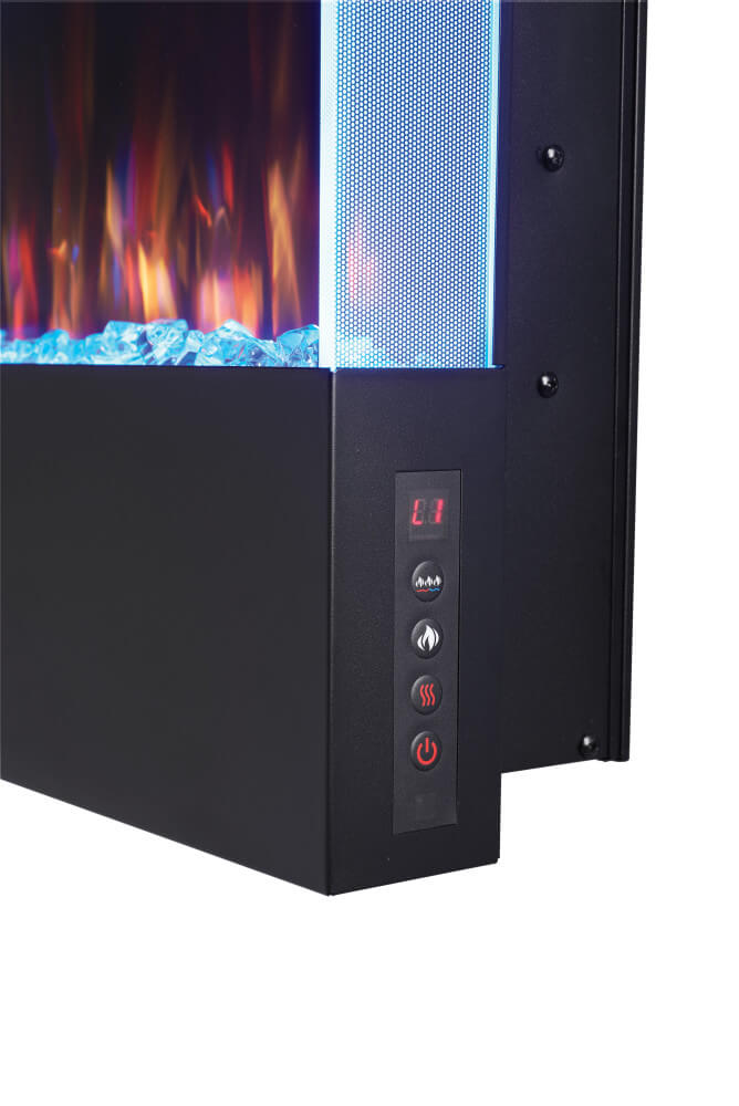 Electric fireplace with glowing embers and control panel on a white background