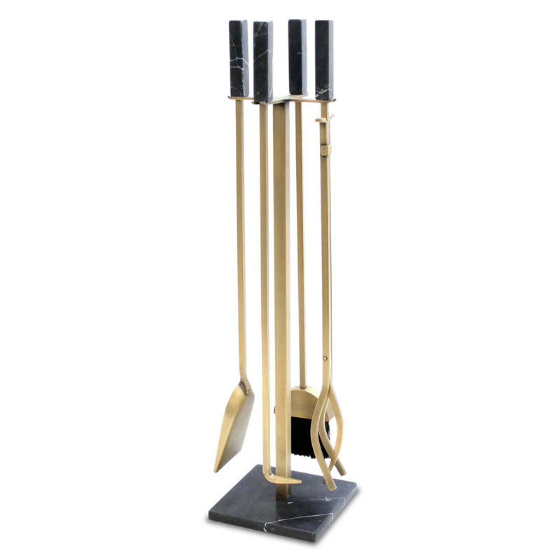A 5-piece brass fire tool set with black marble handles and a matching square marble base, displayed on a clean white background.