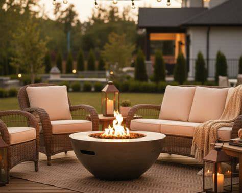 Outdoor patio furniture set with a round fire pit table in the center, surrounded by wicker armchairs and a sofa with light beige cushions, arranged on a woven rug in a backyard setting at dusk.