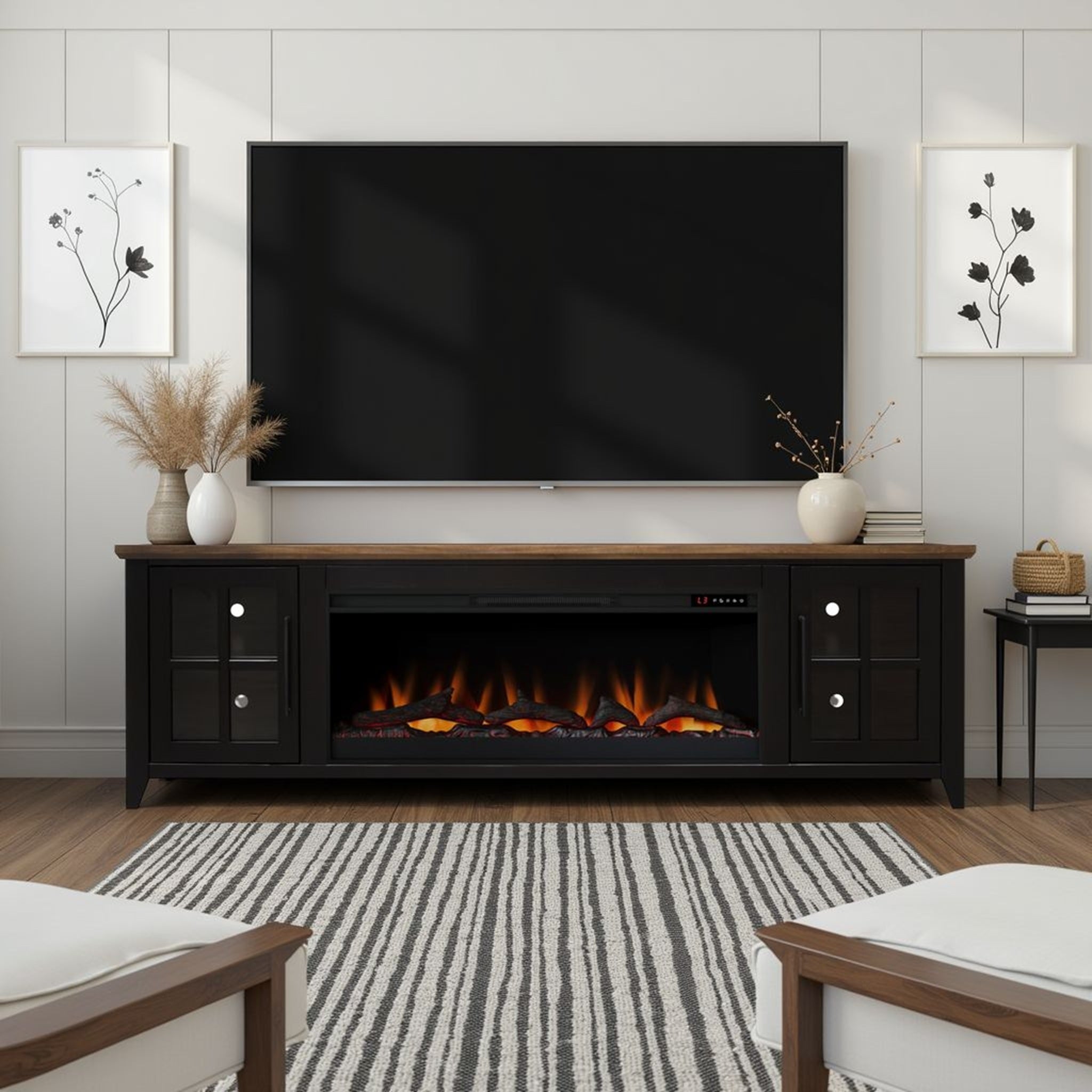 83-Inch Bourbon Black TV Stand With Fireplace