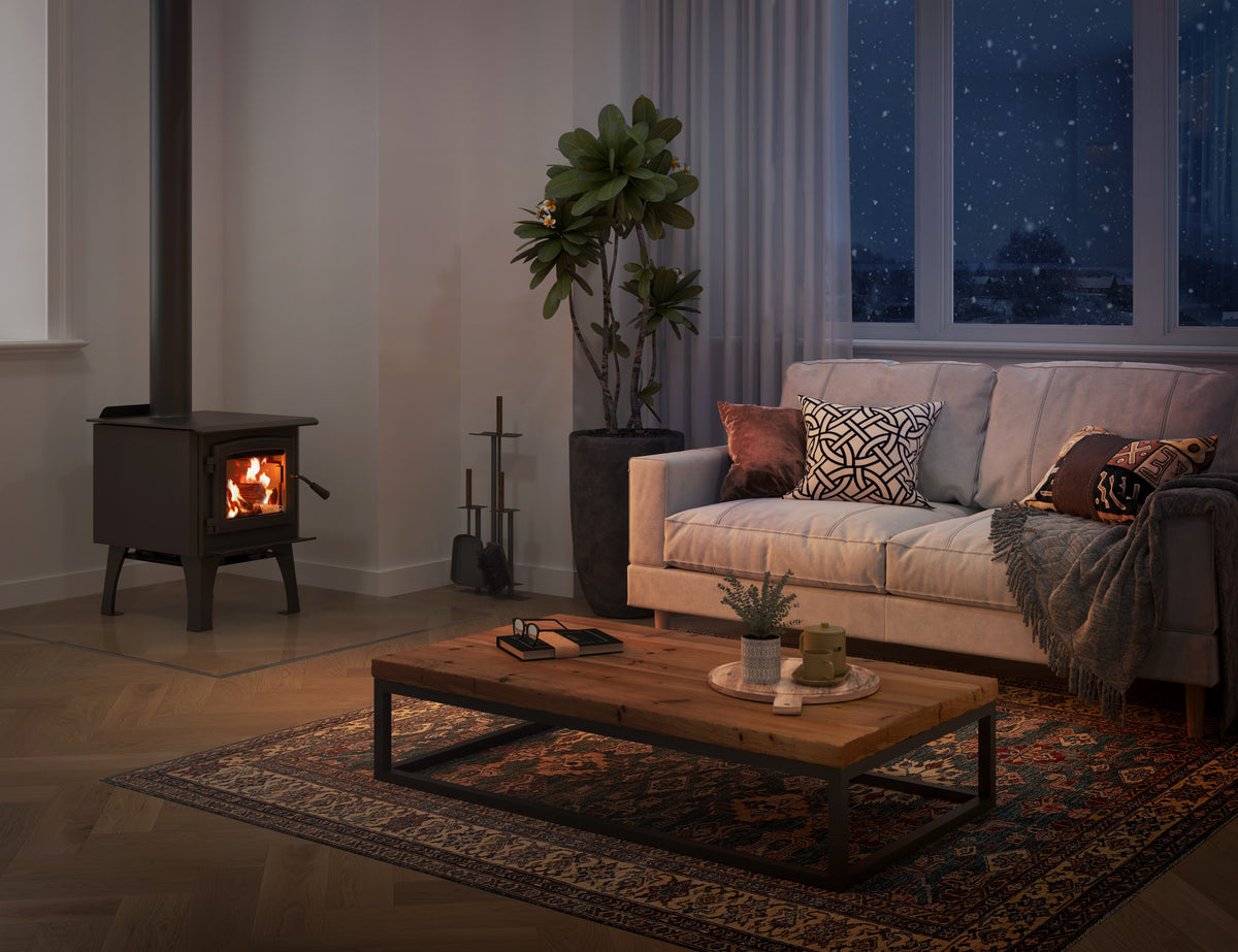 Cozy living room with a fireplace, sofa, and coffee table.
