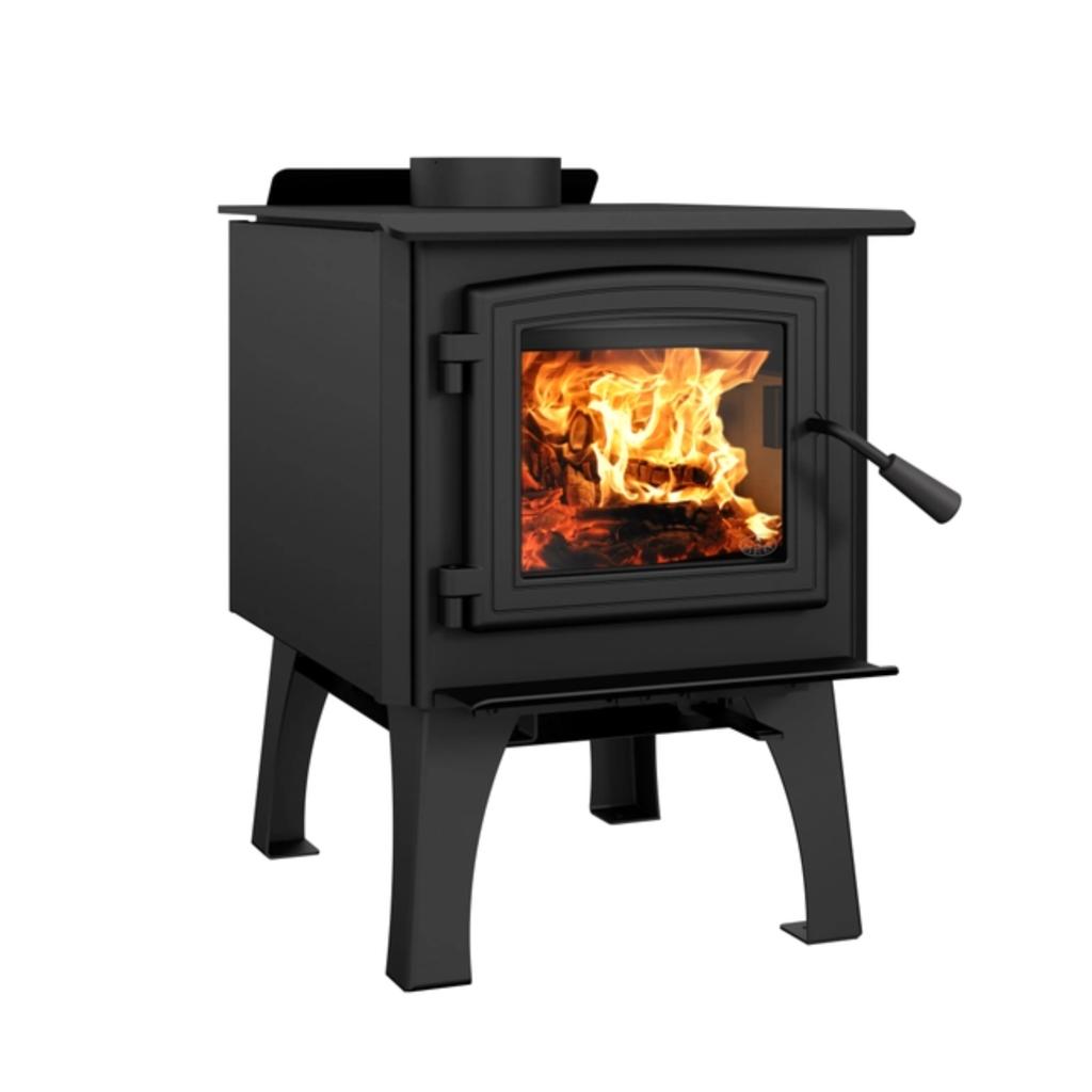 A black cast iron wood-burning stove with a glass door showing a bright fire inside, supported by four legs with a side lever handle, isolated on a white background.