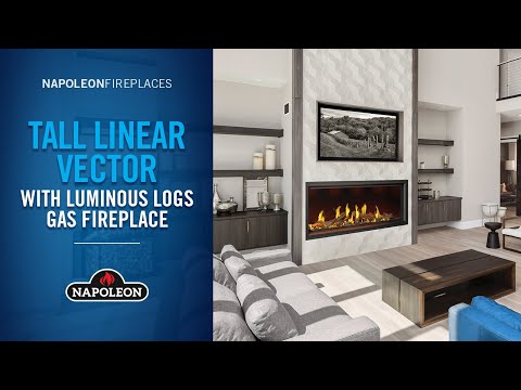 Video of the Napoleon Tall Linear Vector gas fireplace set in  living room bult into the wall which is a light color
