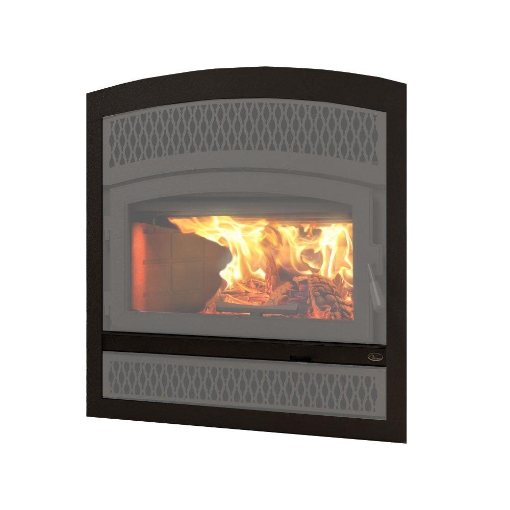 A modern wall-mounted fireplace insert with a black frame, gray textured mesh panels, and a realistic glowing fire display inside, shown against a plain white background.