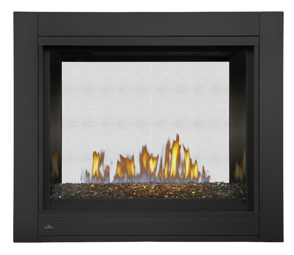 A modern black fireplace insert with a visible flame effect over dark decorative stones and a light textured screen panel.