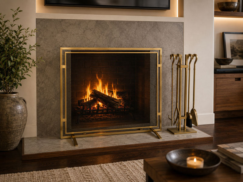A brass fireplace screen with glass panels stands in front of a lit fireplace, flanked by a matching brass fireplace tool set on a marble mantel in a styled living room.