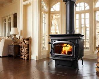 A black wood-burning stove with a visible fire inside, set in a large, elegant room with tall arched windows, dark wood floors, and a stack of firewood nearby.