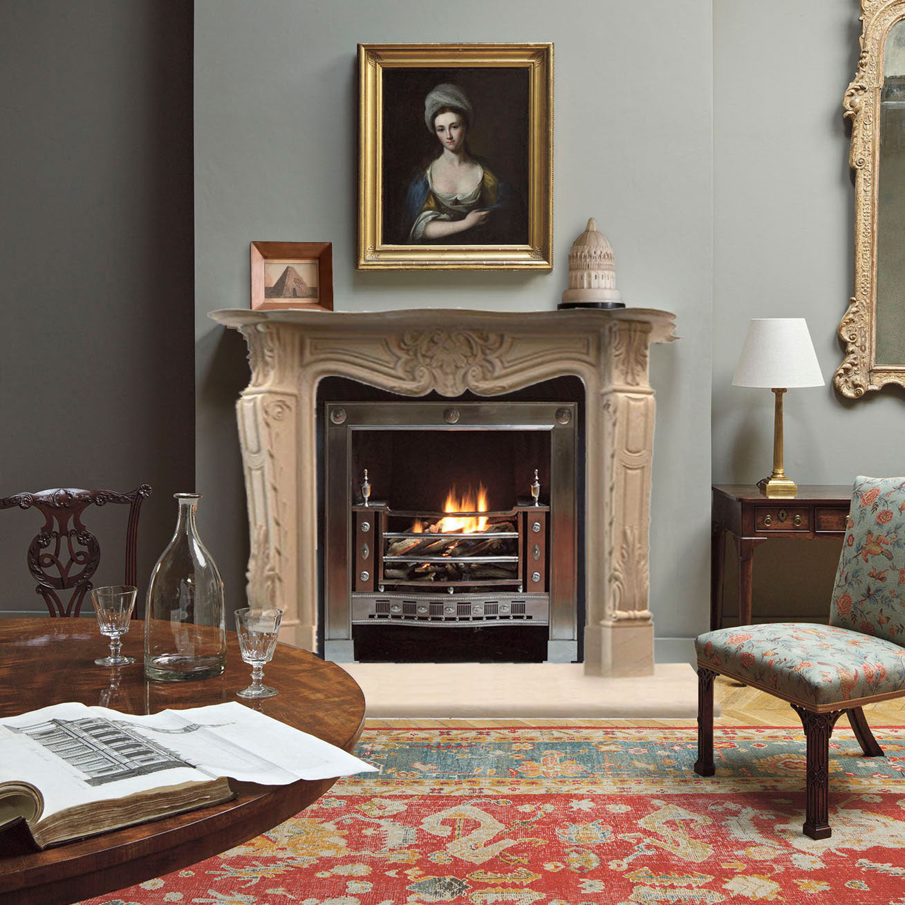 Light Travertine Traditional Hand-carved Fireplace Surround