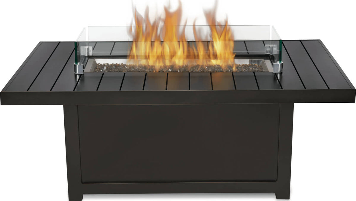 Black fire pit table with flames on a white background