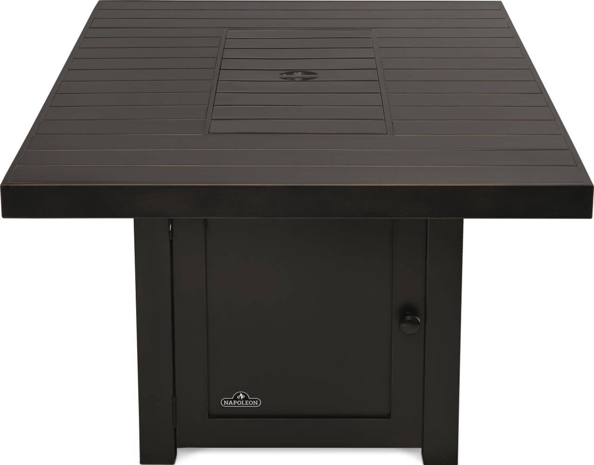 Black rectangular fire pit table on a white background